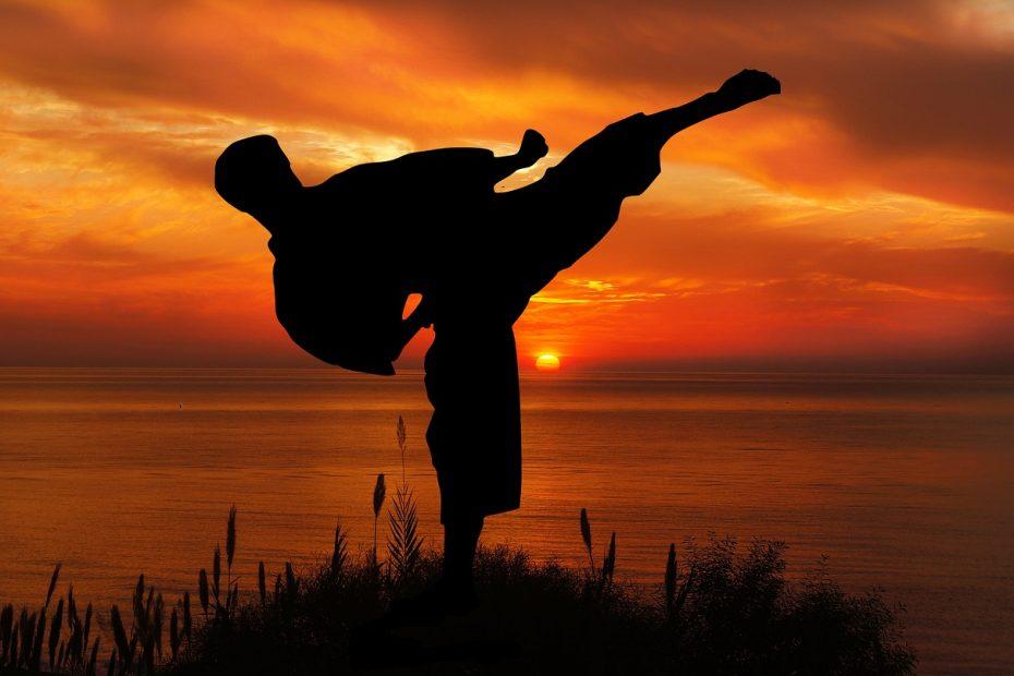 Ilustração: silhueta de homem treinando Karate durante o pôr do sol.